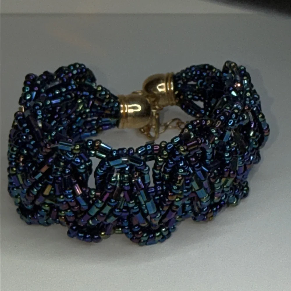 Amazing Multicolor oil slick woven braided wide seed bead boho Beaded Bracelet